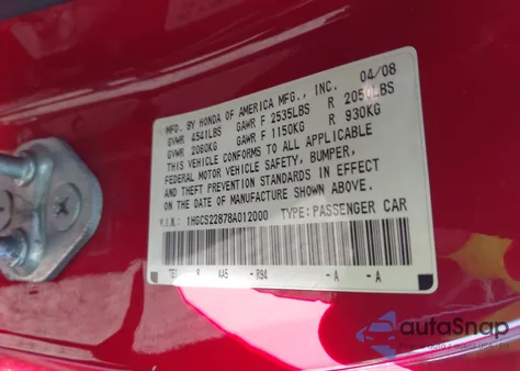 2008 Honda Accord 3.5 Ex-L z USA, uszkodzony, nr VIN 1HGCS22878A012000